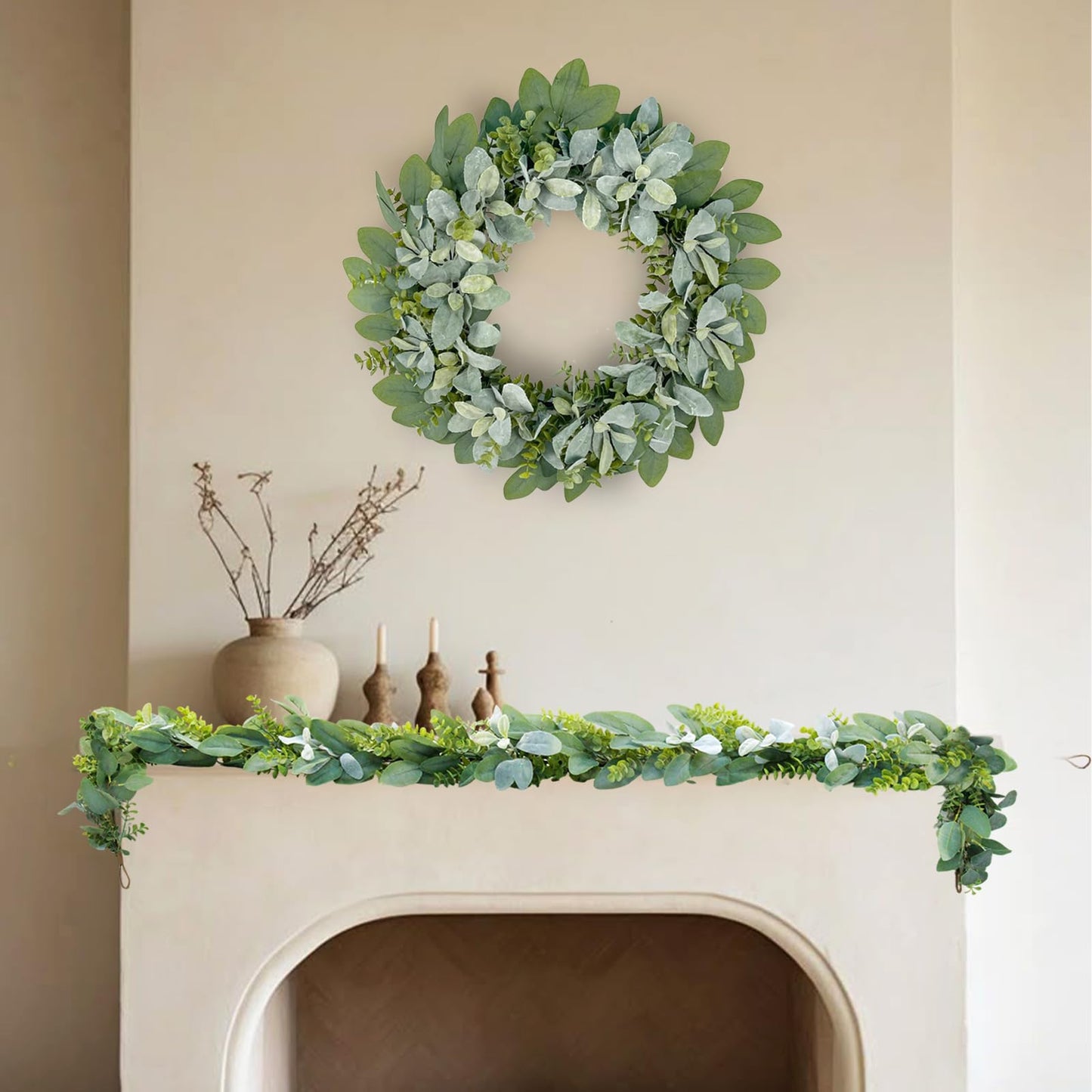 GOVIRAYE 24 Inch Flocked Lambs Ear Wreath for Front Door Outside, All Season Winter Farmhouse Door Wreath, Cozy Rustic Wall & Outdoor Decor