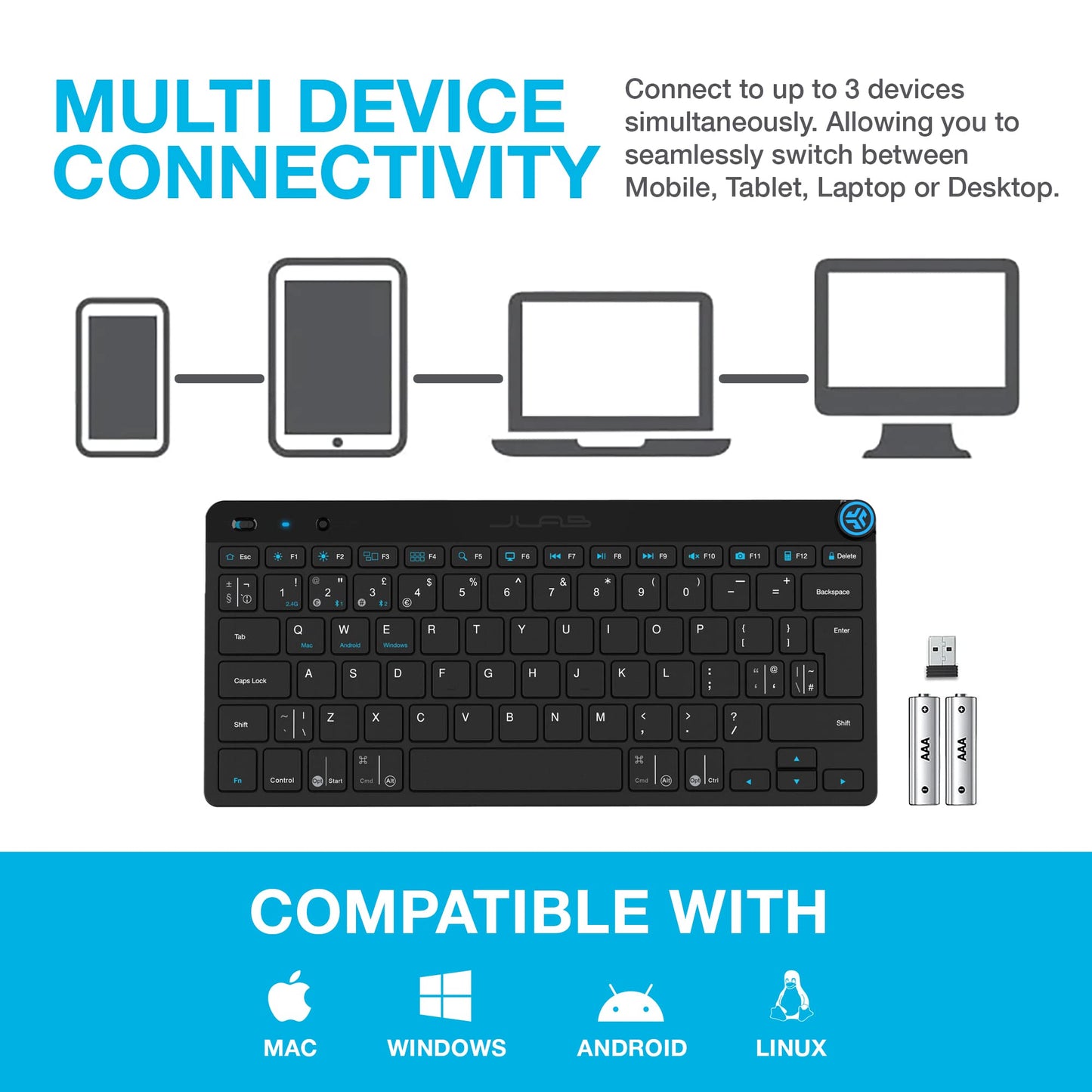 JLab Go Wireless Keyboard - Small Bluetooth Keyboard with 2.4G USB Connectivity, Multi Device Quiet Portable Keyboard for iPad/iPad Mini/Tablet/PC/Laptop/Android/Apple Mac, Flat Compact Design