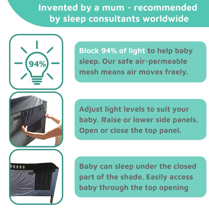 SnoozeShade Cot Bed Blackout Canopy and Sleep Cover Universal Fit 140x70cm Air-Permeable Mosquito Net for Babies and Toddlers