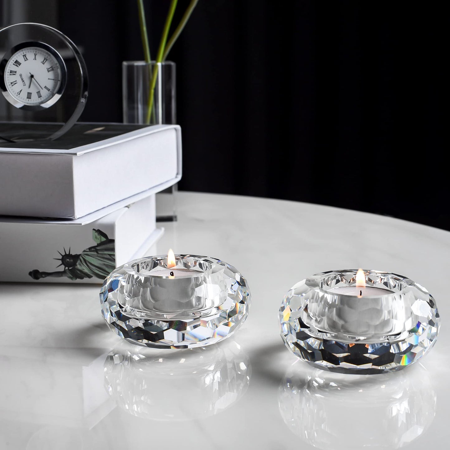 Kitcom Crystal Tealight Candle Holders Pack of 2, Hand-Cut Candle Holder Home Decor for Wedding Banquet Dinner 3.2" Diameter x 1.6" High, Clear