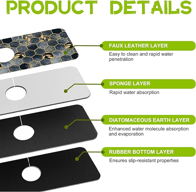 Kitchen Sink Splash Hexagon Marble and Golden Leaves Guard Faucet Mat Super