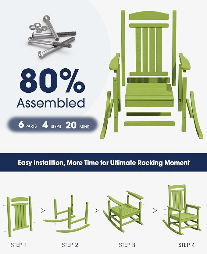 KINGYES HDPE Rocking Chairs Outdoor, Patio Rocking Chairs with 330lbs Support, Smooth Porch Rocker for Deck Lawn Yard, Pistachio Green