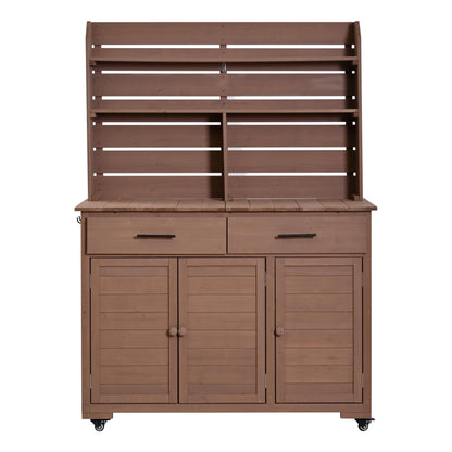 Outdoor Grill Cart with Storage Cabinet, Wood Outdoor Kitchen Island Prep Cart Grill Station for Food Prep and BBQ, Brown