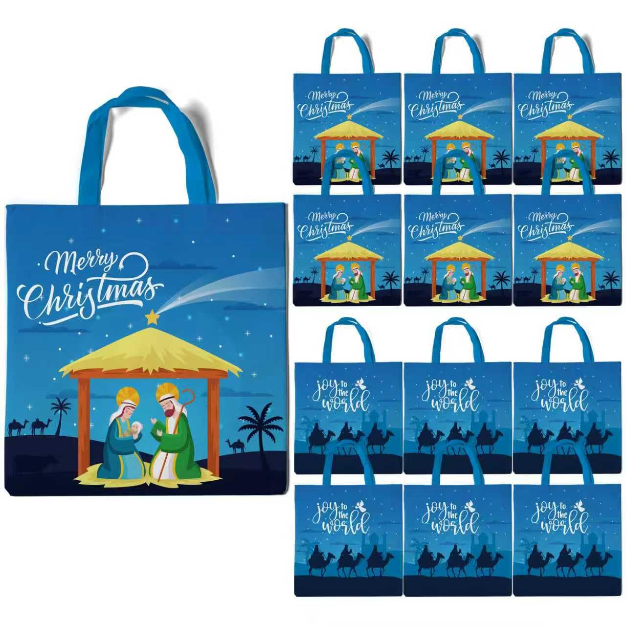 Lyosehy 12PCS Christmas Nativity Non Woven Bags Merry Christmas Goodie Bags Bulk with Handle Joy to the World Party Treat Bags for Jesus Holiday Theme Birthday Party Supplies Decorations