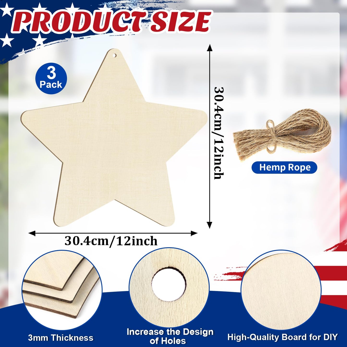 Large Size 12" Wooden Star Ornaments to Paint, Wooden DIY Blank Unfinished 4th of July Door Sign Wreath Door Hanging Sign Plaque Crafts Hanging Patriotic Day Independence Day Decorations 3PCS