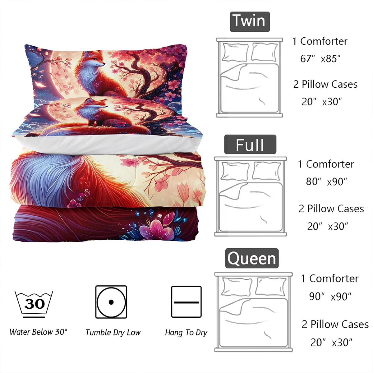Nttopship Fox Comforter Bedding Set with 2 Pillowcase Twin Size Cartoon Fox Sakura Comforter Set for Kids Boys Girls Bedroom Decor