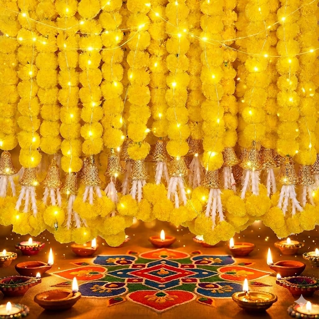 DIYANA IMPEX Marigold Garland for Decoration 5 Pcs of 5 feet Long Strands Artificial Marigold Flowers with Bell, Indian Décor for Pooja/Diwali/Wedding/Christmas (Yellow)