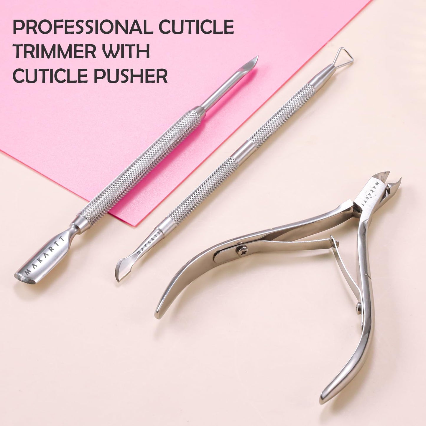 Makartt Cuticle Trimmer with Cuticle Pusher, Silver Nail Trimmer Nail Care Manicure and Pedicure Kit with Stainless Steel Cuticle Nipper and Dual End Nail Pushers for Home Salon Use (Pack of 3 PCS)