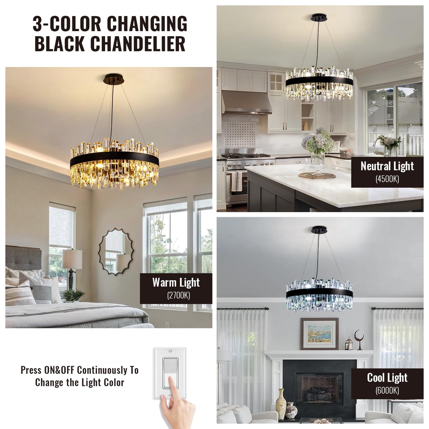 Siljoy 23.6'' Modern Crystal Chandelier, Luxury 2-Tiers Raindrop K9 Crystal Adjustable Flush Mount Hanging Ceiling Light for Dining Living Room Kitchen Entryway Foyer, E12 x 12, Matte Black