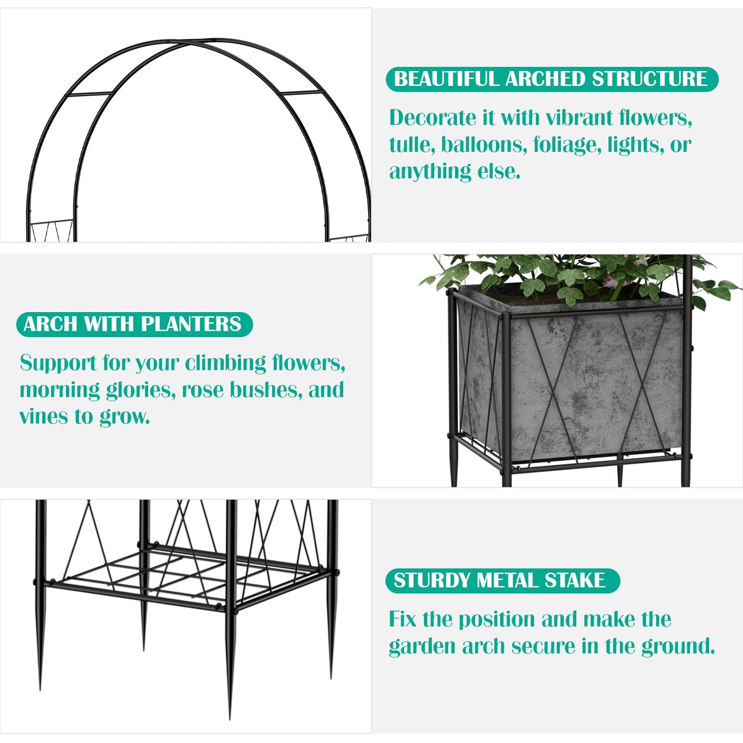 Garden Arch Arbor Trellis with Planter Boxes 8.2 Ft Metal Arch Trellis for Climbing Plants Outdoor, Wedding Arches Backdrop Stand for Ceremony, Halloween, Christmas, Decorations Pergola, Black