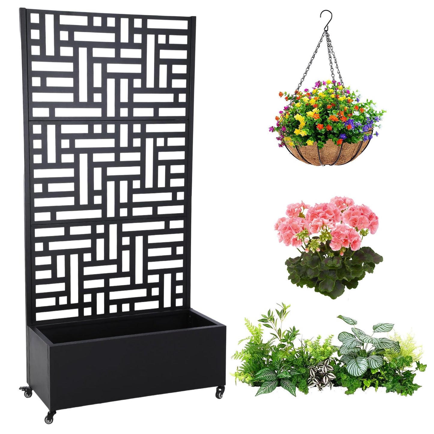 ALINUOYQ 70.87x35.43x15.75 Inch Metal Planter Box with Trellis and Wheels Raised Garden Bed with Drainage Holes Privacy Planters Suitable for Climbing Plants and Vegetables (02)