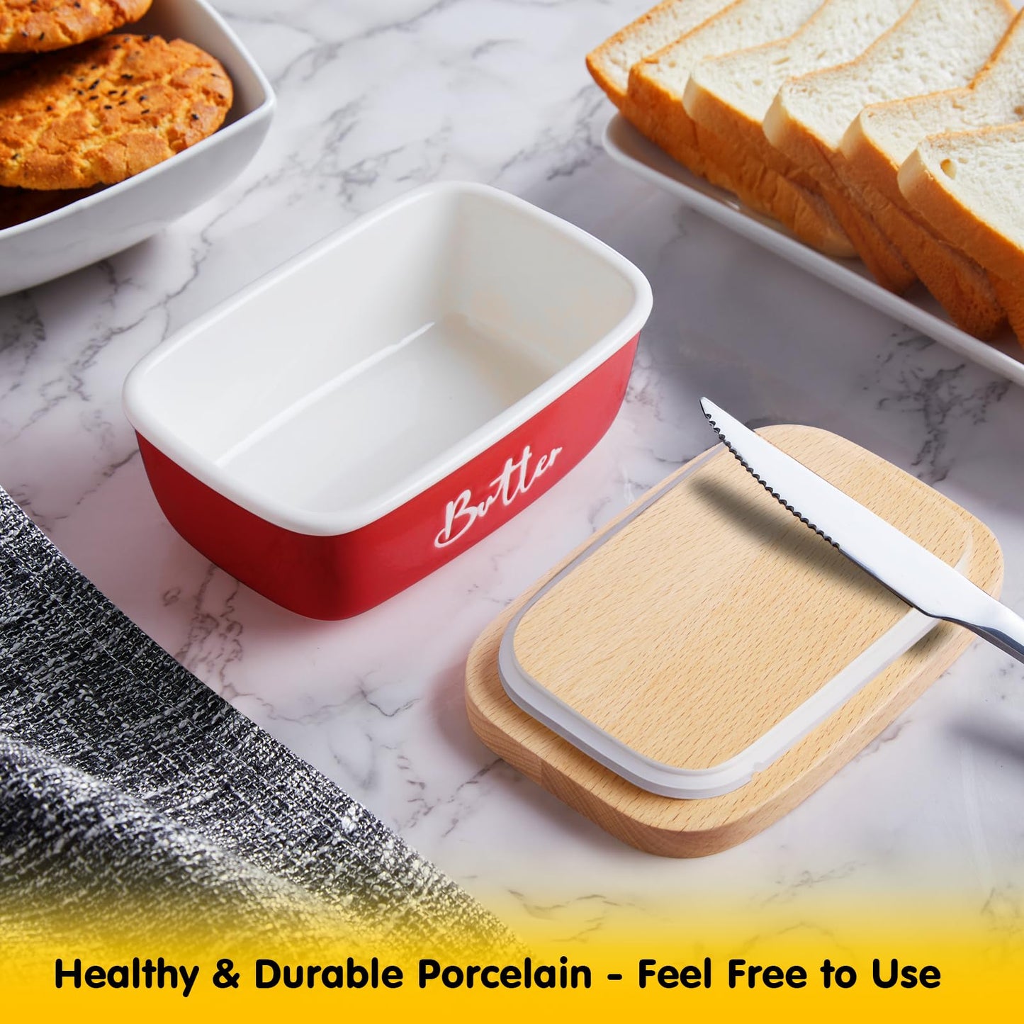 ALELION Red Butter Dish with Lid for Countertop, Ceramic Butter Container with Beech Wood Lid, Airtight Butter Keeper for Counter or Fridge, for Red Kitchen Decor and Accessories