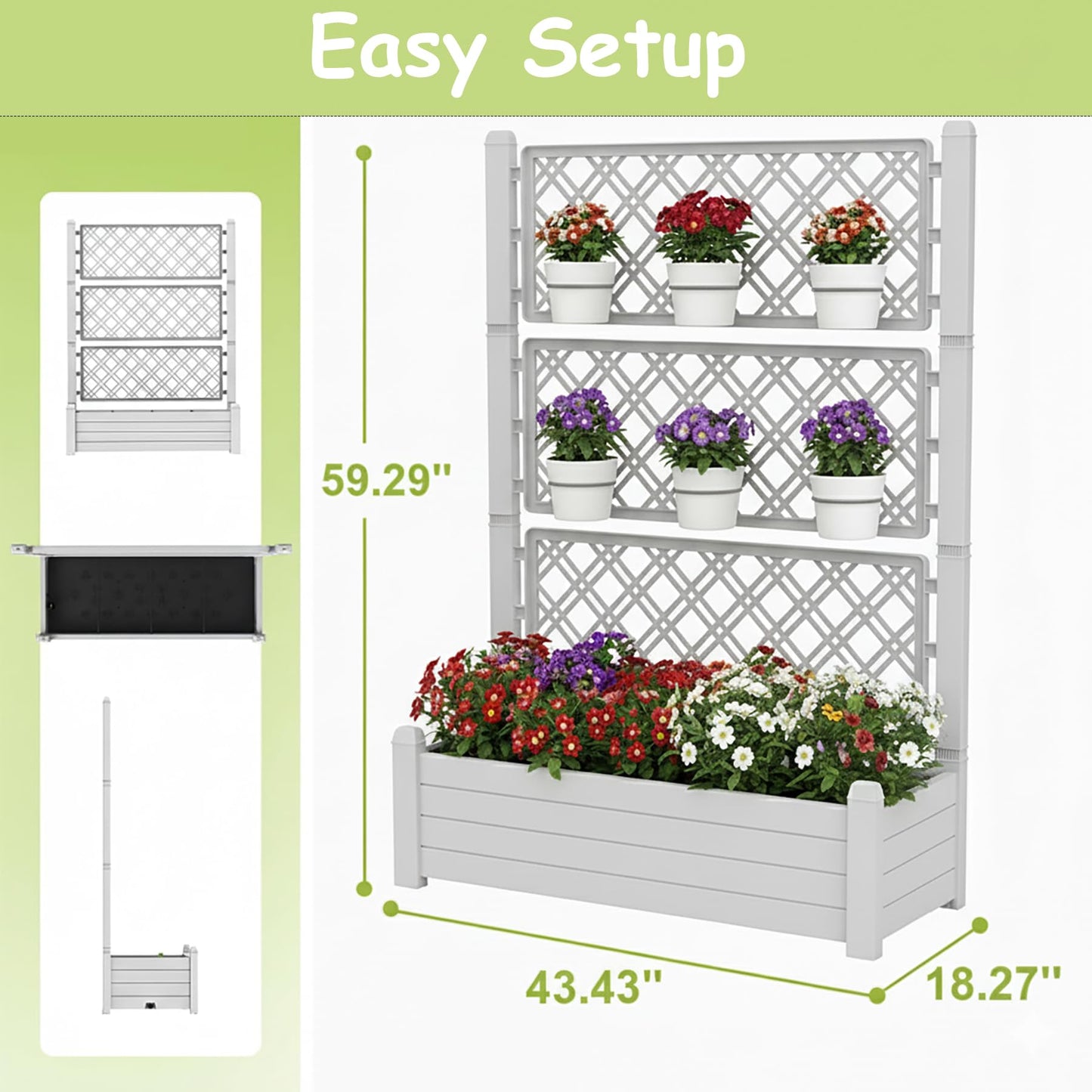 Tramull 5' Tall Raised Garden Bed with Trellis, Self Watering Planter Box for Outdoor Climbing Plants Resin Garden Lattice for Vegetables, Flowers, Tomato & Vine with Drainage Holes (Ashen, 1 PC)
