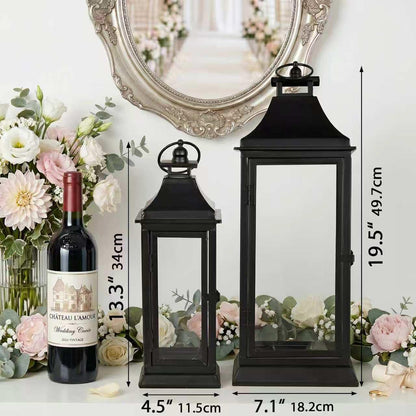 SwallowLiving Black Outdoor Lanterns Set of 2, 19.5" & 13.3" Farmhouse Large Metal Decorative Candle Lanterns with Tempered Glass for Patio, Fireplace, Table Centerpiece & Indoor Decor (No Candle)