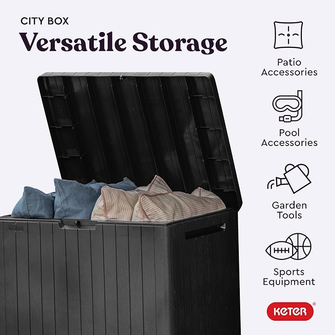 Keter City 30 Gallon Resin Outdoor Storage Box & Patio Side Table for Balcony, Pool, Deck & Garden Accessories, Weather‑Resistant, Dark Grey