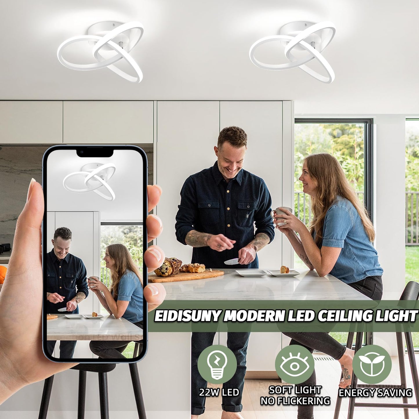 EIDISUNY Ceiling Light LED Lamp 2 Rings Creative Personality Nordic White Ceiling Lighting for Entrance Hallway Lights Ceiling Living Room Cool White Light 22W - White, Cold White Light 6000K