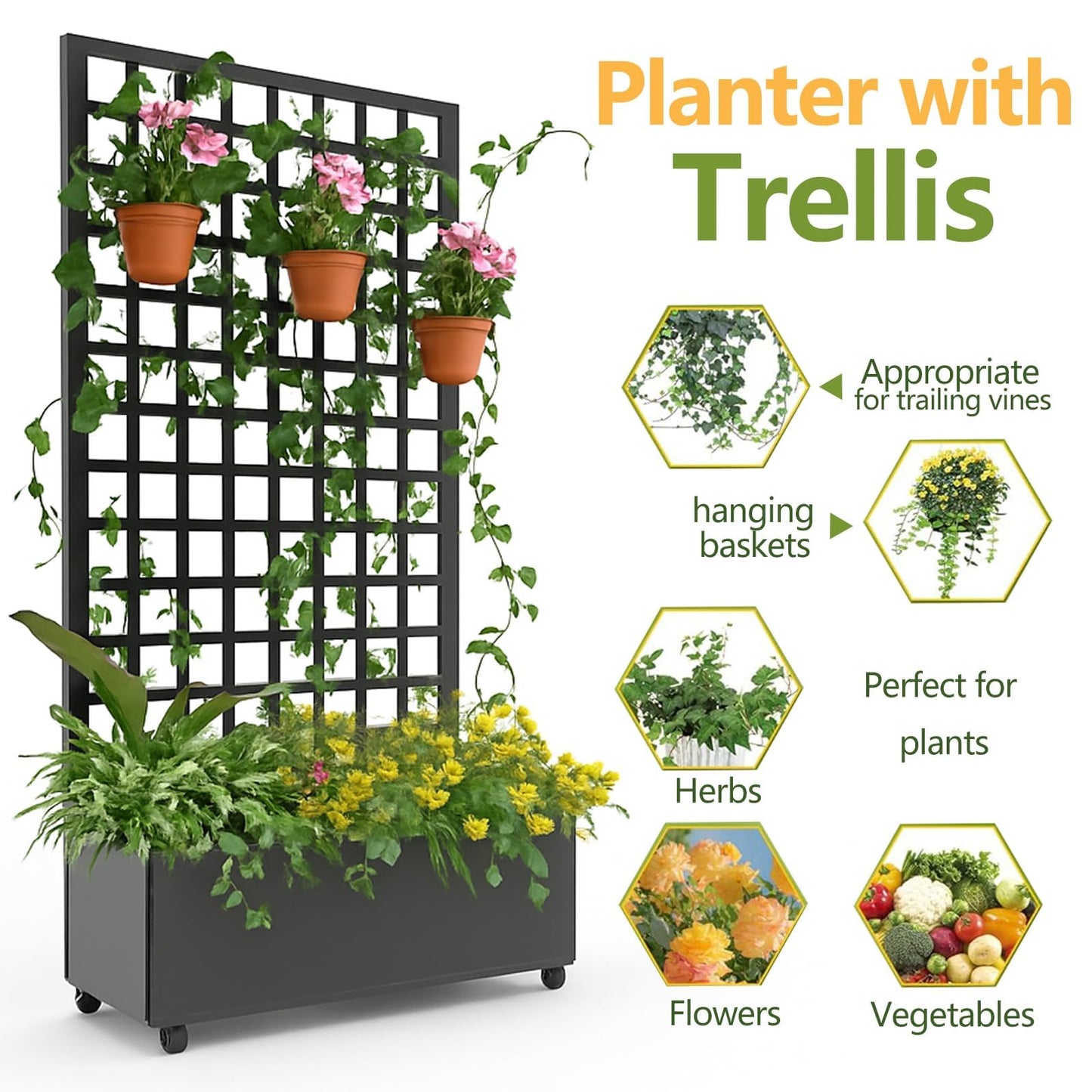 Metal Raised Garden Bed with Trellis and Wheels, 72"x47" Planter Box for Climbing Plants, Vegetables & Vines, Features Drainage Holes and Privacy Screen