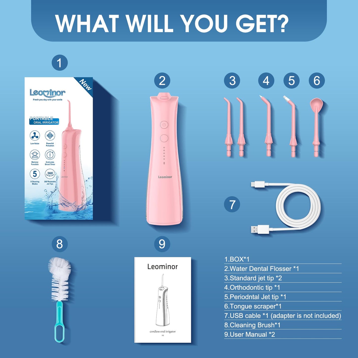 Leominor Water Dental Flosser - 5 Modes Cordless Portable Oral Irrigator, IPX7 Waterproof, Rechargeable Teeth Cleaner Upgrade Datchable Tank Professional Flossing Cleaning Pick for Home Travel (Black)