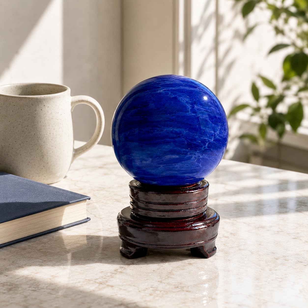 Lodkksg Blue Crystal Ball(100mm-3.93 inches) with Display Stand—Natural Sapphire Sphere for Decoration and Divination