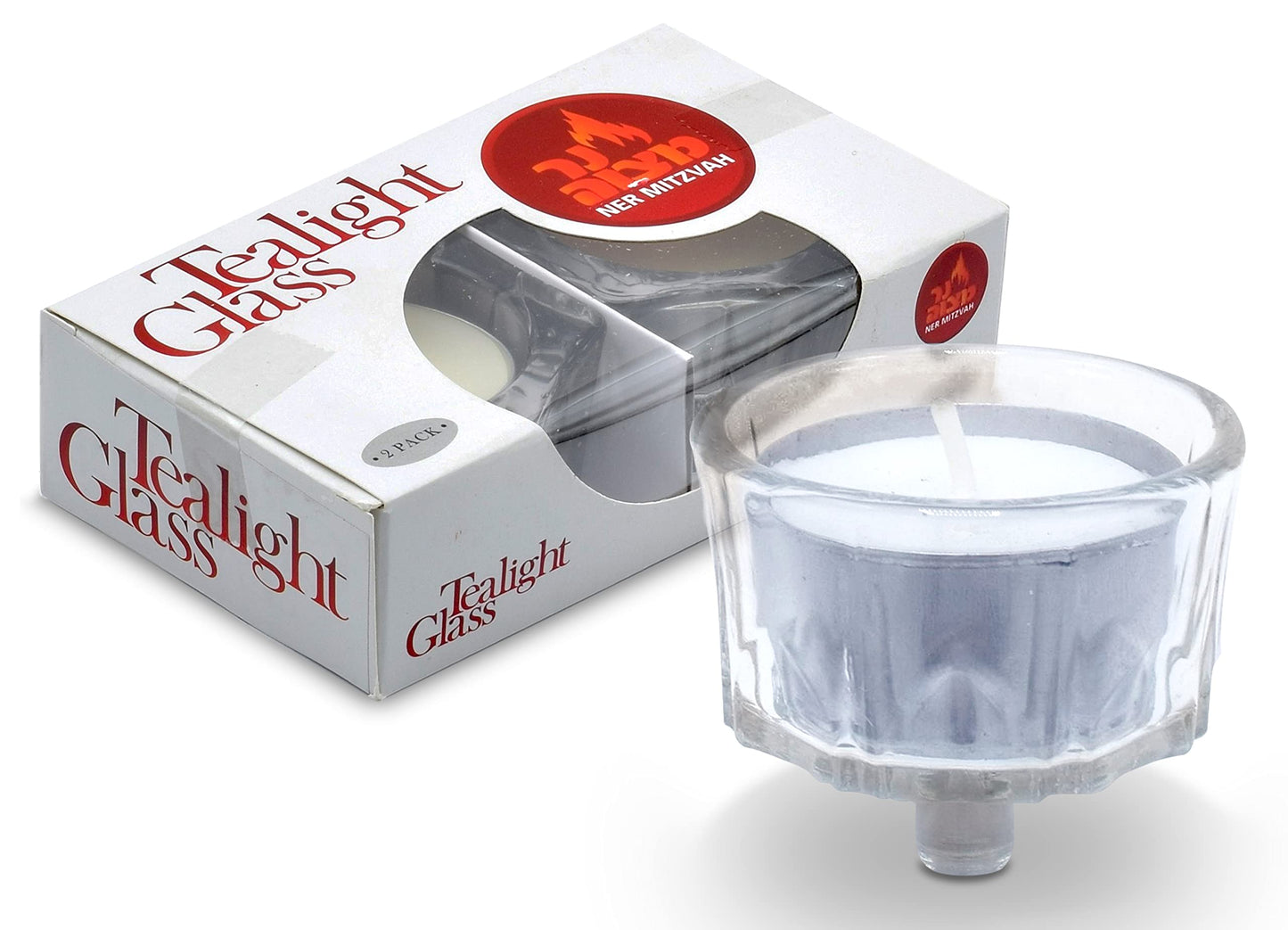 Ner Mitzvah Tea Light Holders with Tealight Candles - 2 Pack Crystal Glass Tealight Candle Holder for Candelabra and Candlesticks - Safety Rubber Set Included - Fits All Standard Tealights