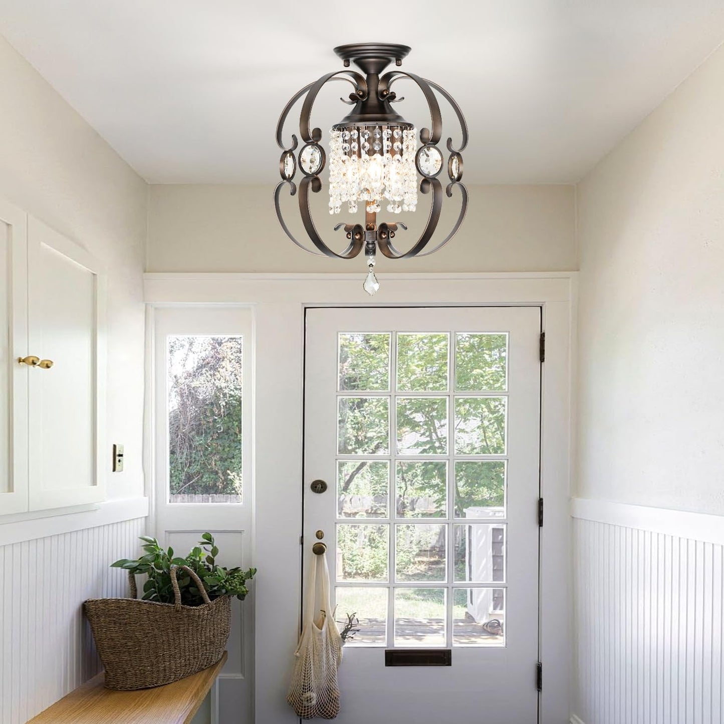 Leyodnpe Bronze Crystal Chandeliers for Dining Room, 3-Light 14 Inch Flush Mount Ceiling Light Fixture,Vintage Hanging Pendant Lighting for Kitchen Island,Living Rooms, Foyer