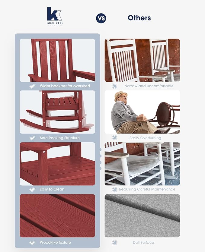 KINGYES Oversized Outdoor Rocking Chair Set of 4, All-Weather Patio Rocking Chairs for Porch, HDPE Outdoor Patio Rockers with High Back & Wide Seat for Garden, Lawn, Red