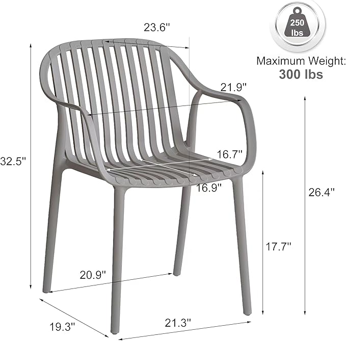 Modern Stackable Outdoor & Indoor Plastic Dining Chairs Set, Outdoor Breathable Armchairs Set, Weather-Resistant, Ideal for Patios, Cafes, and Home Use, No Assembly, Set of 4 (Grey)