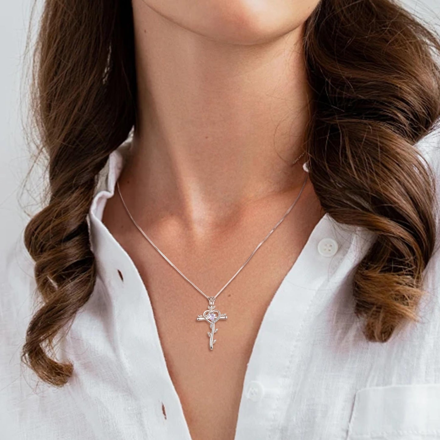 STARCHENIE Rose Cross Necklace 925 Sterling Silver Heart Crucifix Pendant Created Alexandrite Jewelry for Women
