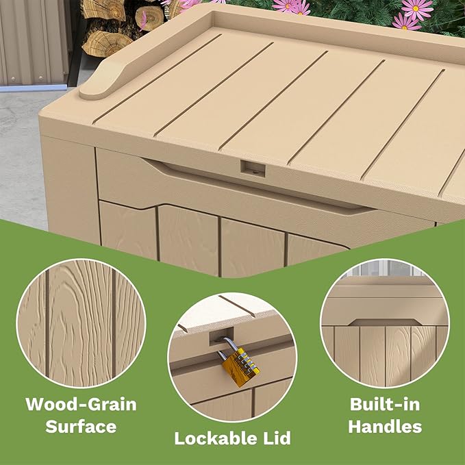 Patiowell 30 Gallon Resin Deck Box, Outdoor Storage Box for Patio Furniture, Deliveries, Pool Supplies,Waterproof and Lockable, Light Brown