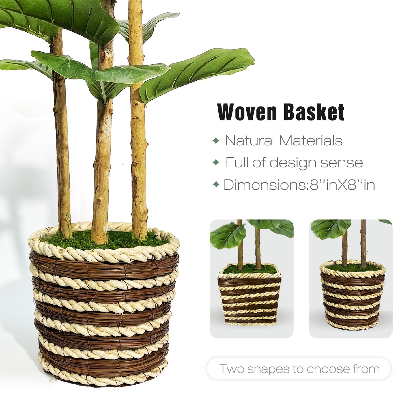 Artificial Fiddle Leaf Fig Tree Indoor with Woven Basket - 5ft Tall Fake Tree with Real-Wood Trunk,Faux Plants for Living Rooms, Offices, Kitchens & Outdoor Spaces (Round Basket)