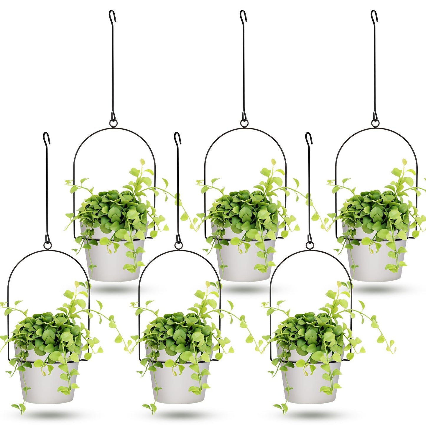 Hushee 6 Packs Metal Hanging Planters for Outdoor Indoor Plants Plant Hanger with 6.3'' Plastic Pots Hanging Planter Basket for Garden Home Porch Decor (White)