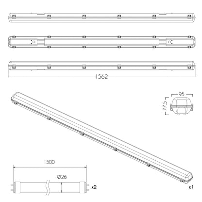 5Ft LED Twin Non Corrosive T8 Batten Fitting Indoor or Outdoor IP65 Weatherproof Fixture – Ideal For Garage Warehouse Car Park Industrial Lighting - Comes with 2x 6000k Daylight 58w T8 LED Tubes