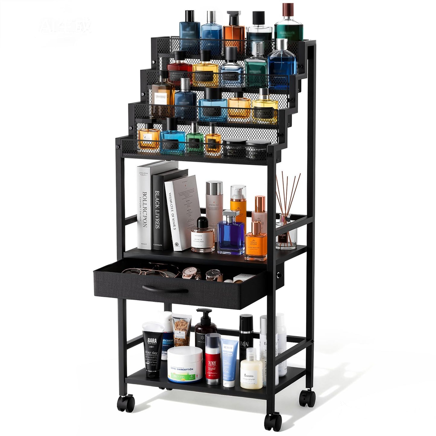 4-Tier Men's Cologne & Accessory Organizer with Drawer & Wheels, Sleek Industrial Wooden & Metal Perfume Display Rack for Cologne Bottles, Aftershave & Grooming Essentials, Multi-Functional Fragrance Storage Stand, Black