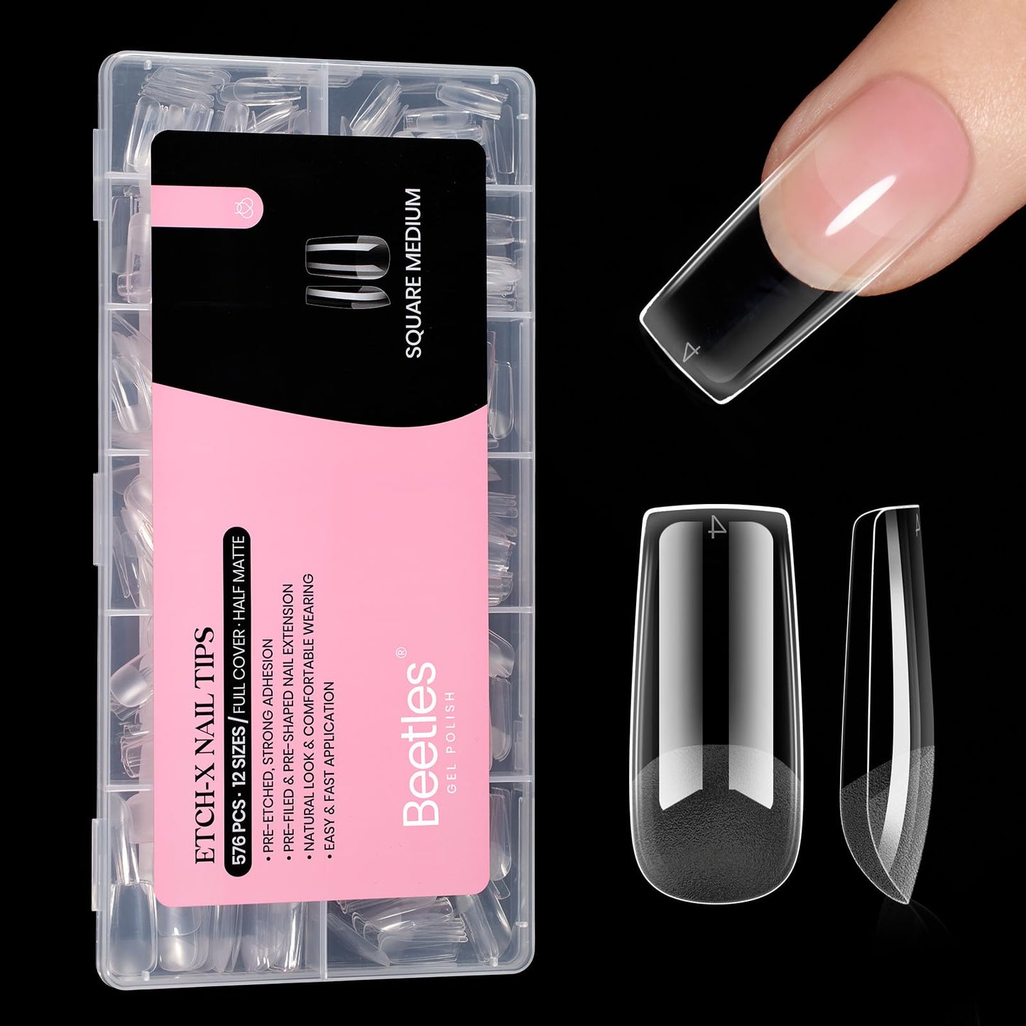 Beetles Gel Nail Kit Short Almond with Nail Dehydrator and Primer, 576Pcs Half Matte Etch-X Gel Nail Tips Solid Nail Glue Mini Nail Lamp Acrylic Nail Tips Easy DIY Nail Extension Set Gift for Women