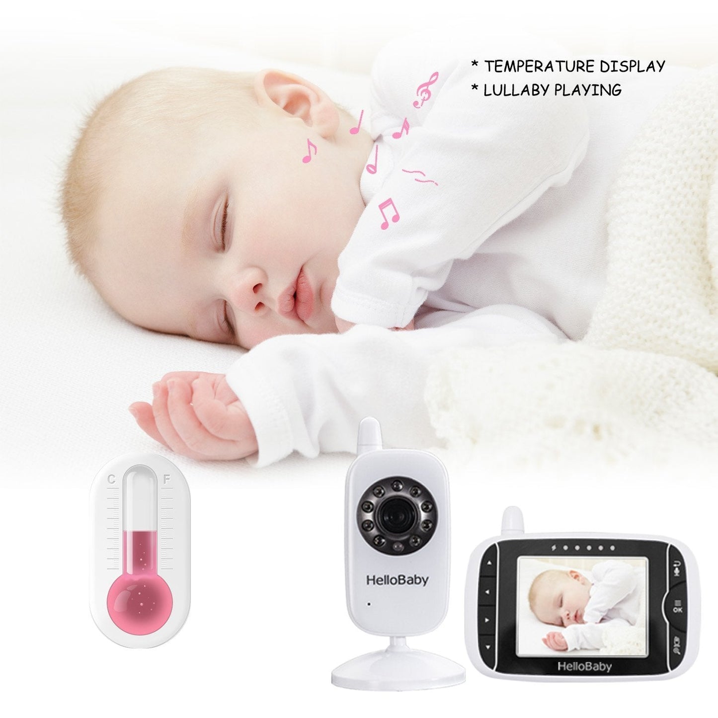 HelloBaby Wireless Video Baby monitor with Camera and Night Vision, 3.2 Inch Screen Night Vision Temperature Monitoring & 2 Way Talkback System Lullabies UK Interface Plug (HB32)