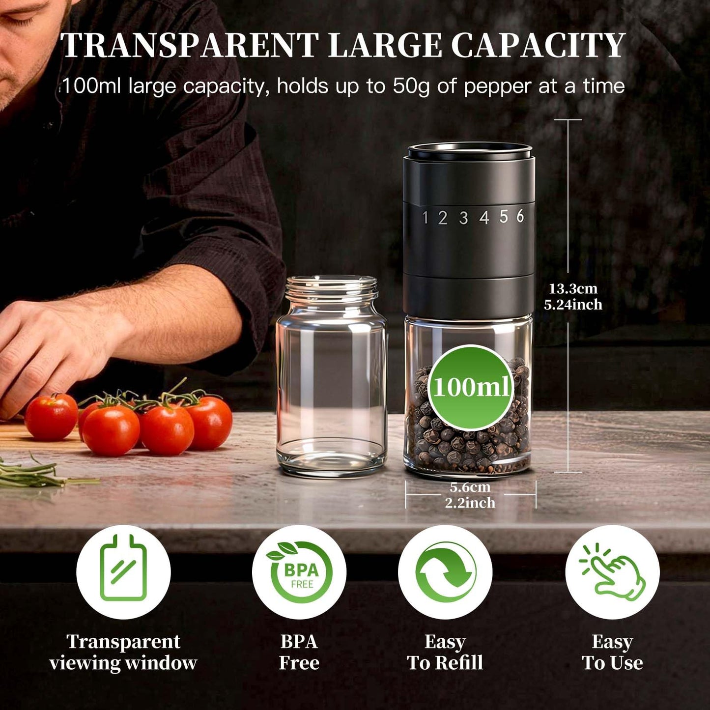 Manual Salt and Pepper Grinder Set, Black Pepper Grinder with Base Cover, 100ml Short Glass Shakers for Peppercorn with 6 Adjustable Coarseness Birthday Gifts for Women Mom