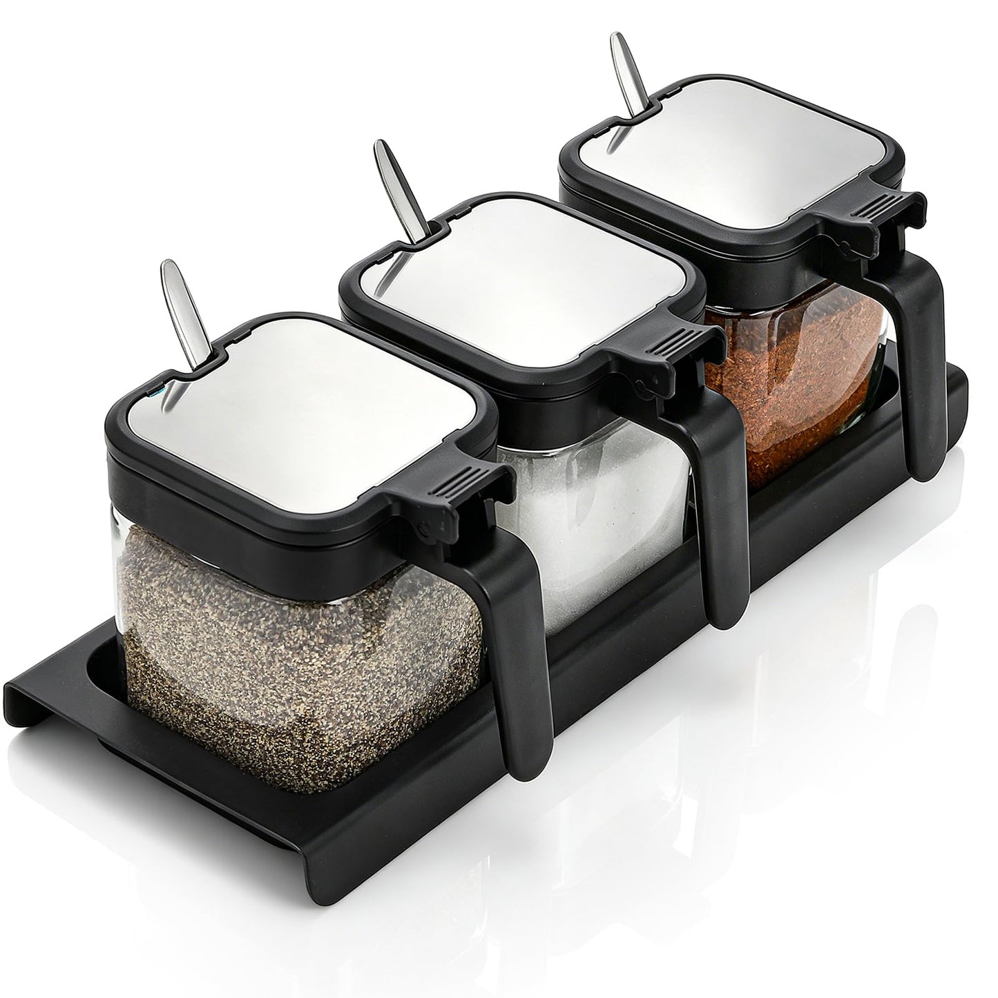 DEAYOU Set of 3 Condiment Jar Spice Container with Lids and Spoons, 10oz Clear Glass Seasoning Box with Tray, Salt Pepper Sugar Storage Container Spice Jar Cruet for Kitchen, Counter