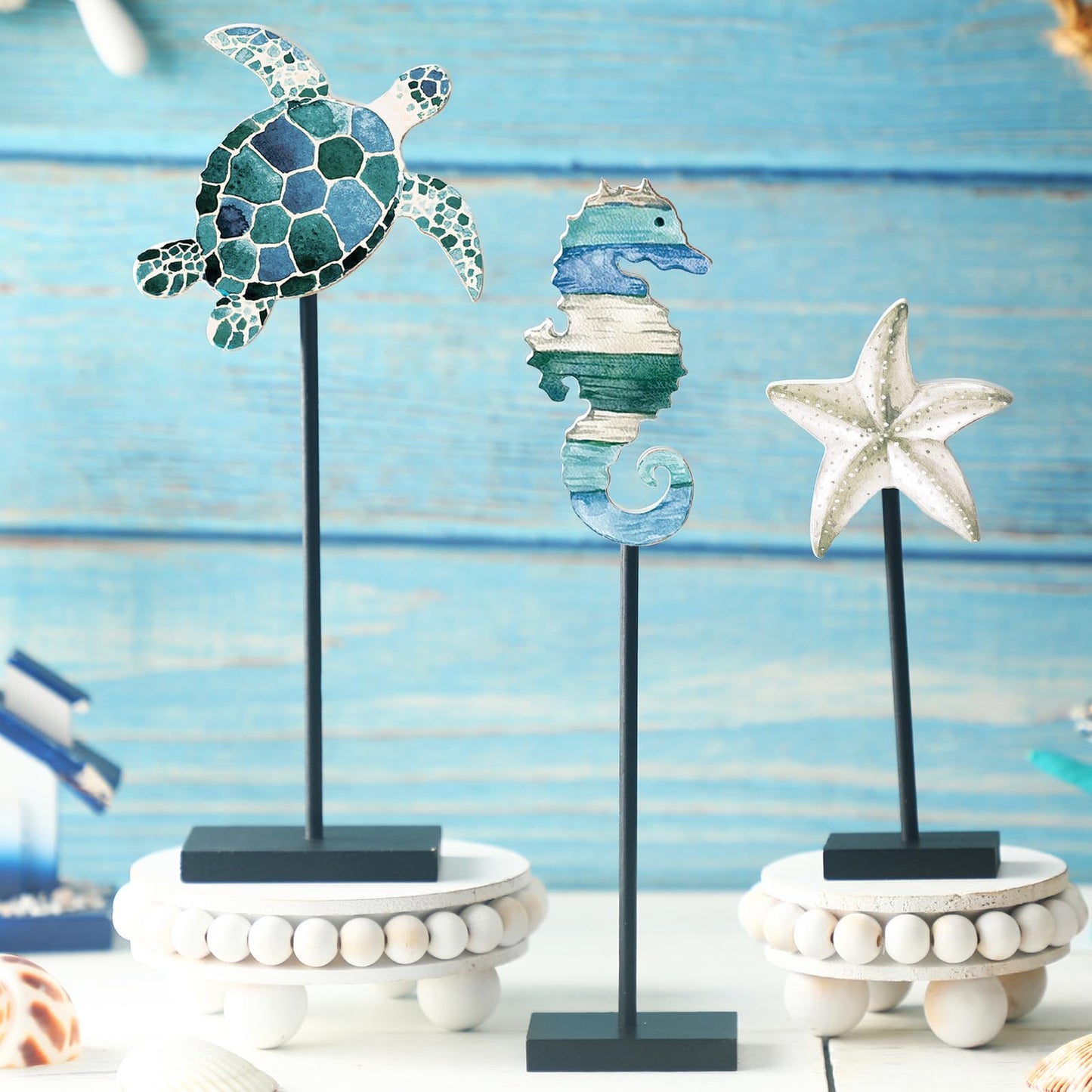 Tradder 3 Pcs Summer Ocean Tabletop Decor Standing Sea Turtle Starfish Seahorse Block Wooden Table Centerpiece Sign Coastal Beach Nautical Table Decor for Home Kitchen
