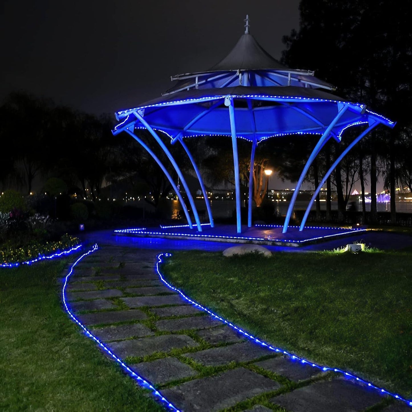 JMEXSUSS 2 Pack 100 LED Solar Rope Lights, IP65 Solar Rope Lights Outdoor Waterproof LED, 33ft 8 Modes PVC Tube Rope Light for Trampoline Xmas Fence Yard Walkway Path Garden(Blue)
