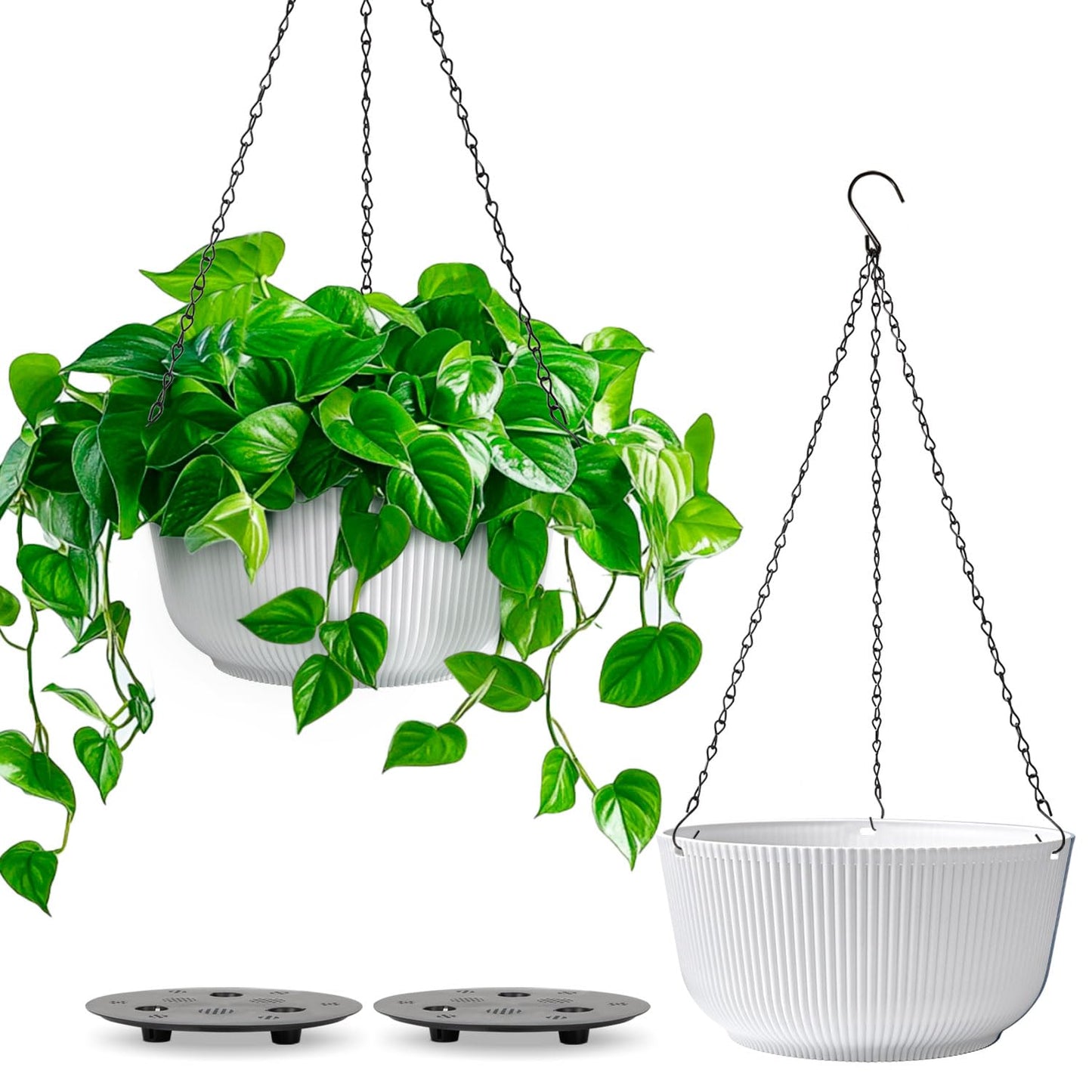 T4U Hanging Planter Self Watering 8 Inch, 2 Pack White Indoor Outdoor Hanging Plant pots, Hanging Flower Pot with Drainage Hole & Plug & Chain with 3 Hooks for Garden Home Decor