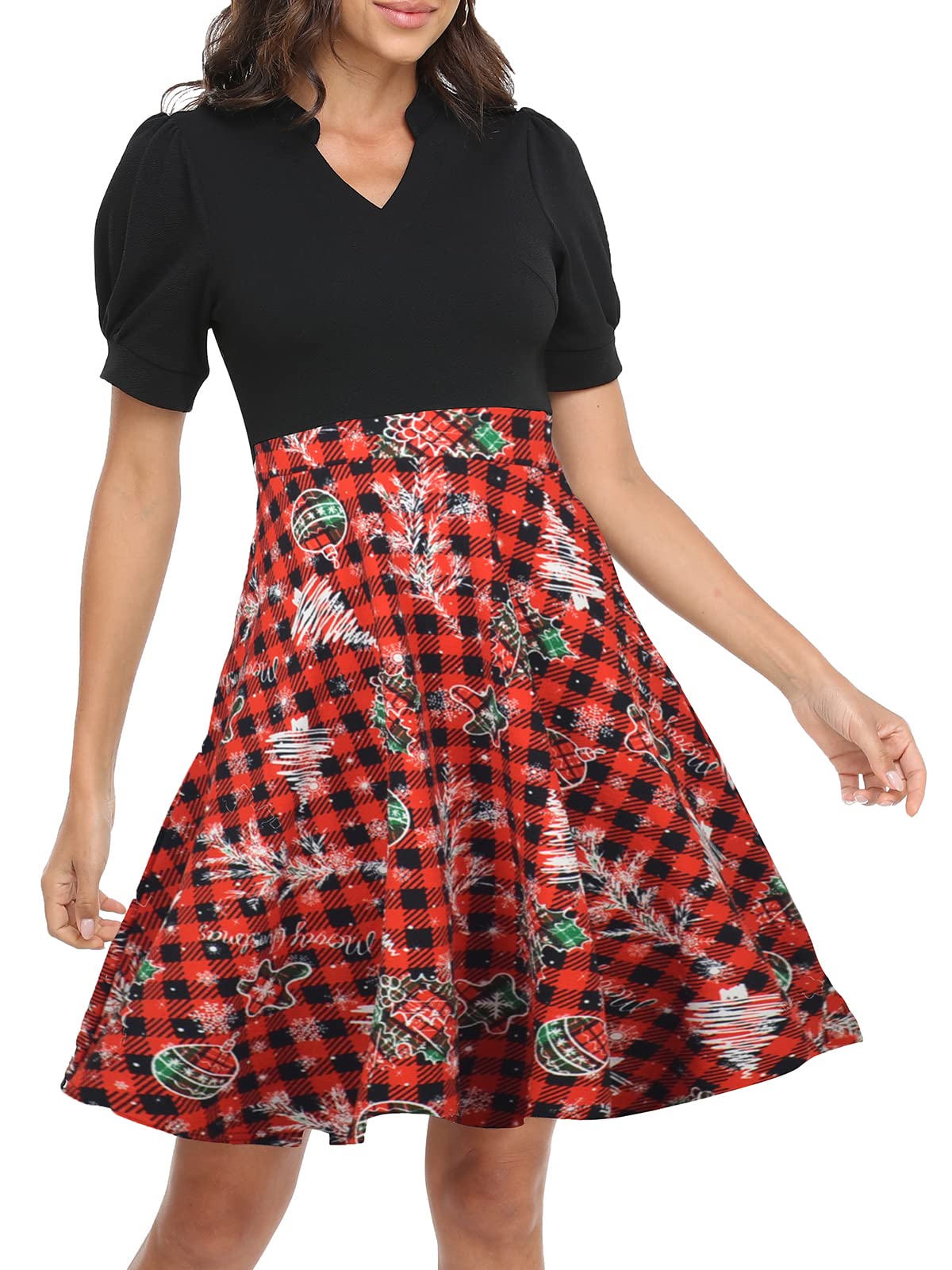 Mokayee Christmas Dresses for Women Short Puff Sleeve V Neck A Line Swing Cocktail Modest Holiday Interview Dinner Petite Business Casual Work Ladies Dresses S