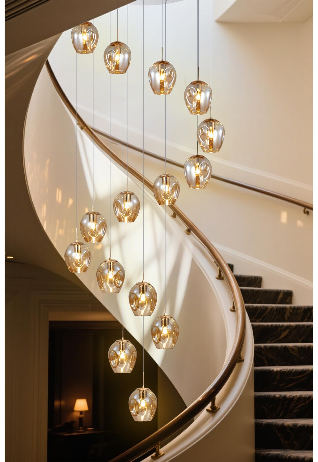 Meimond Long Chandeliers for High Ceilings,Modern Crystal Balls Pendant Light,Globe Raindrop Drop Lamp,Flush Mount Hanging Lighting Fixtures for Spiral Staircase,Foyer,Entryway,Living,15 Lights