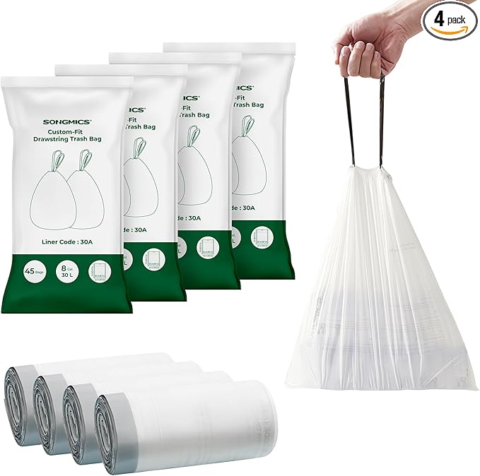 SONGMICS Trash Bags for 8-Gallon Trash Cans, Drawstring Kitchen Garbage Bags