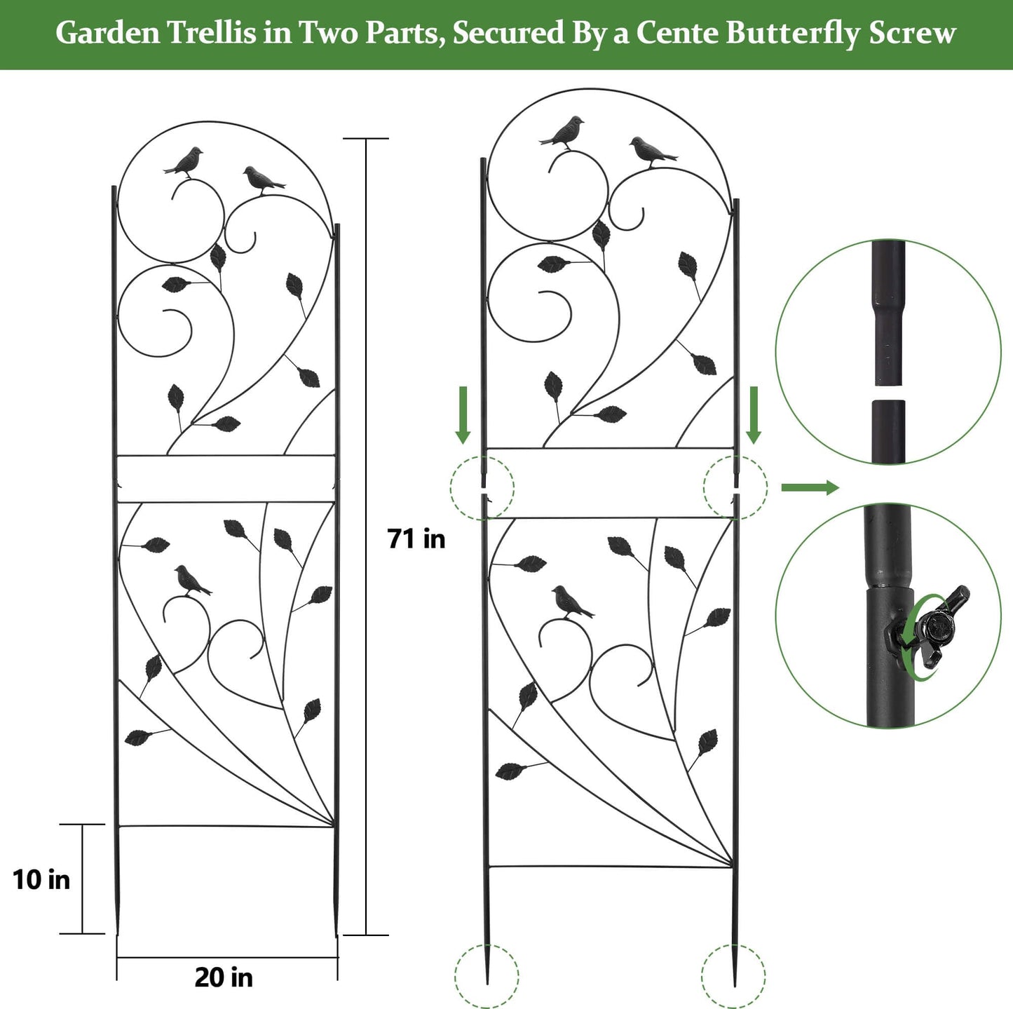 Garden Trellis for Climbing Plants, 71" H x 20" W, 2 Pack Heavy-Duty Metal Garden Trellis, Black Coated Rustproof Trellis for Plants Outdoor, Roses, Ivy, Flowers, and Vines