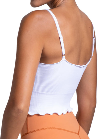 Sunzel Tank Top for Women, V Neck Cropped Seamless Ribbed Camisole with Ruffles for Workout Yoga Lounge (Black&White M-L)