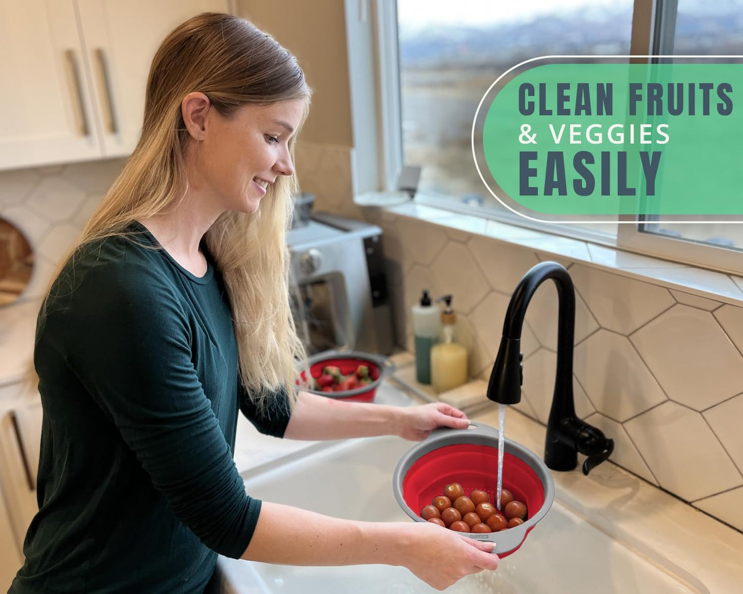Ultimate Kitchen Strainers Set of 2 - Collapsible Silicone Colanders For Easy Storage by Comfify - Use with Pasta & Veggies or as a Fruit or Berry Bowl with Strainer - Irreplaceable for Campers - Blue