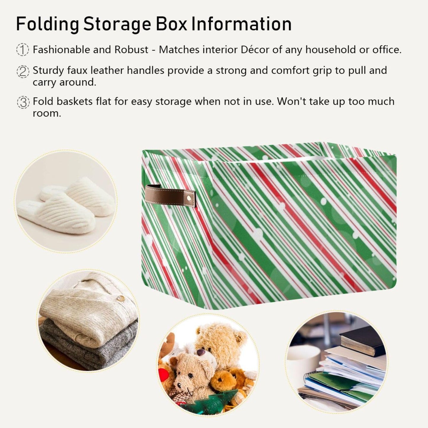 ZAZYXTJ Christmas Storage Basket for Shelves Foldable Open Storage Bin Waterproof PE Coating Closet Organizer with Handles for Home Office Nursery Kids Shelves Desks