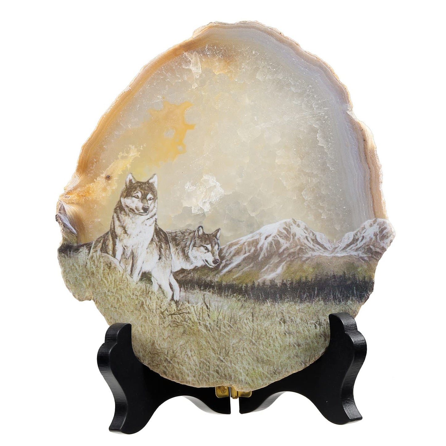 TUMBEELLUWA Natural Irregular Agate Slice Painting Decor with Wooden Stand Agate Geode Slab for Desk Hallway, Wolf