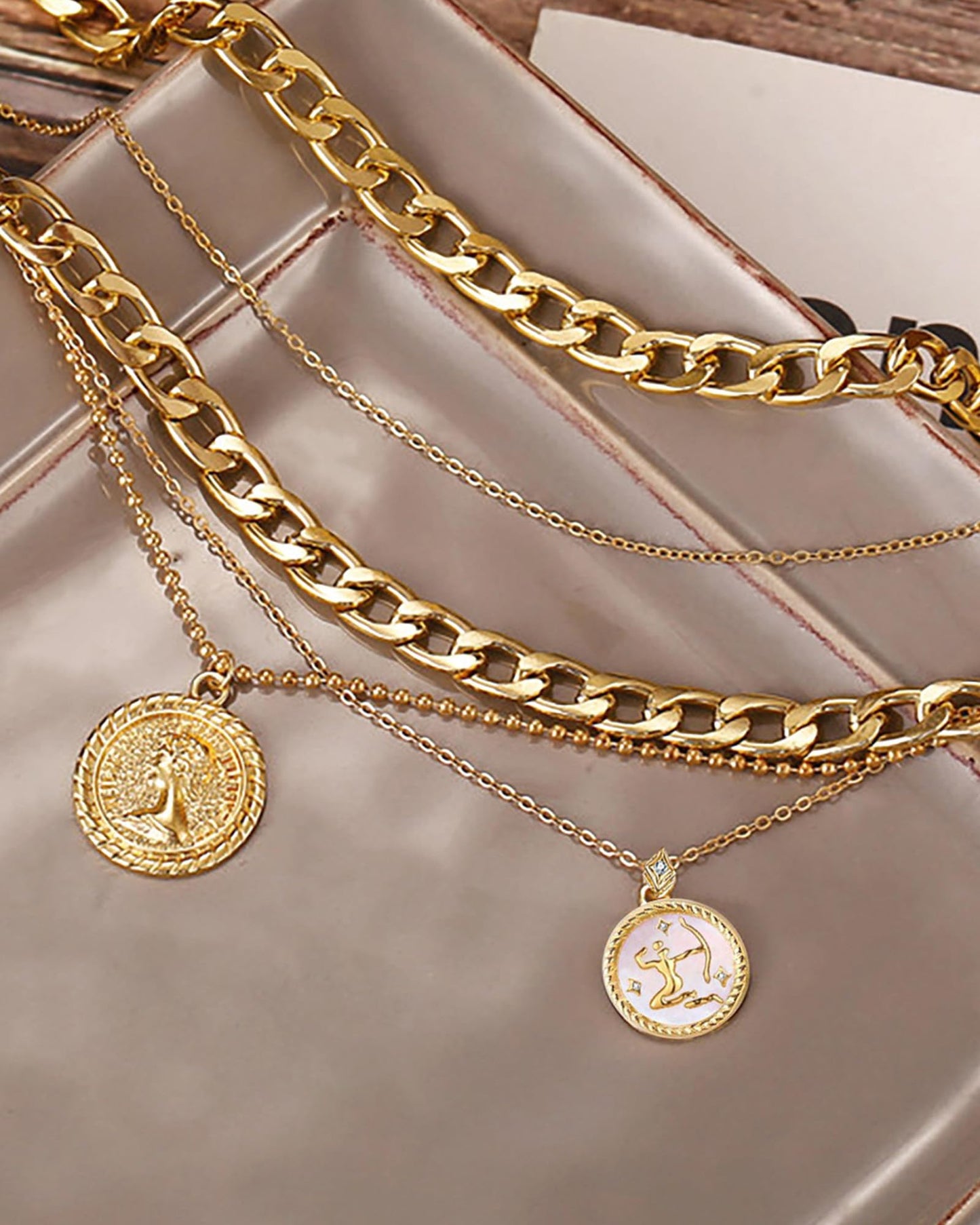 MJartoria Gold Layered Necklaces for Women Trendy Retro Coin Pendant Necklace Dainty Chunky Chain Choker Necklaces for Jewelry Birthday Gifts (Gold, Zodiac-Sagittarius-3PCS Layered)