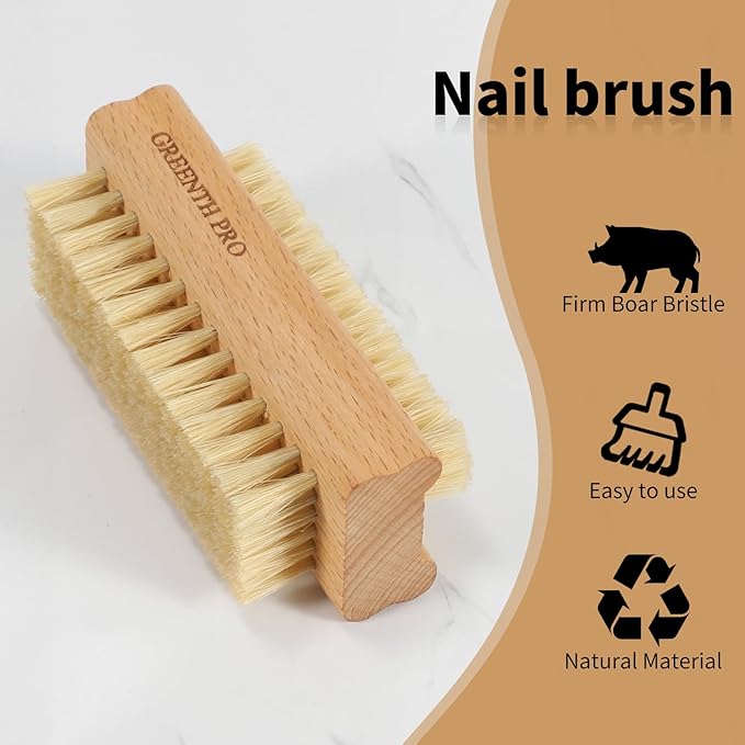 2 Pack Firm Boar Bristle Nail Brush, Hard Beech Wood Handle, Two Sided